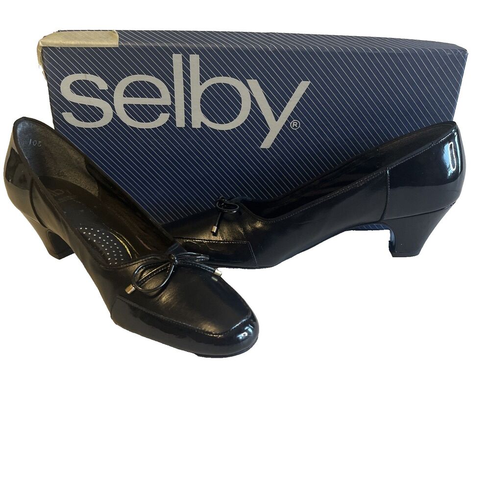 Selby USA Pumps Shoes Womens 7.5/3A Black Patent Low Heel Bow Vintage Classic